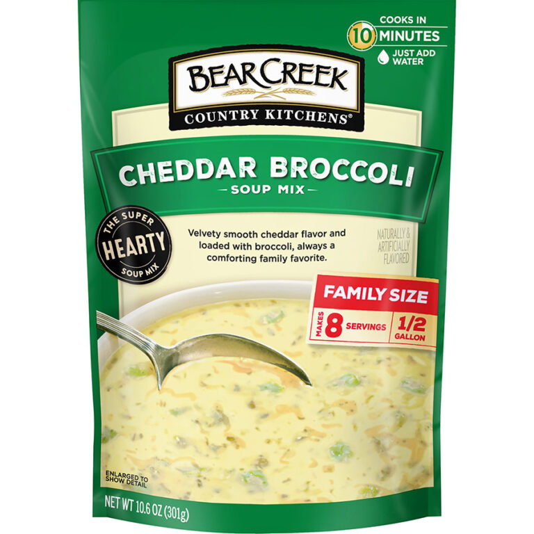 Bear Creek Country Kitchens Cheddar Broccoli Soup Mix packet, creamy and ready in 10 minutes.