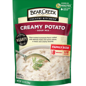Bear Creek Country Kitchens Creamy Potato Soup Mix package, ready in 15 minutes, family-sized.