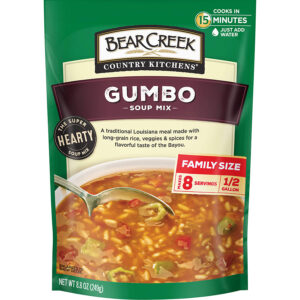 Bear Creek Country Kitchens Gumbo Soup Mix pack, family size, easy 15-minute preparation.