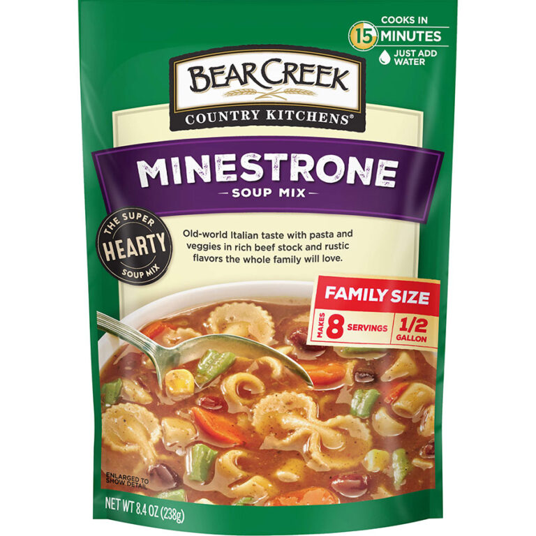 Bear Creek Country Kitchens Minestrone Soup Mix package, family-size, ready in 15 minutes.