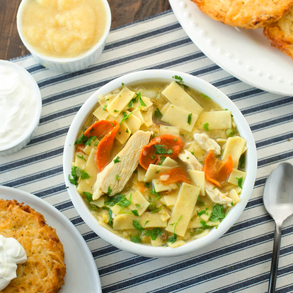 Chicken Noodle Soup with Potato Pancakes