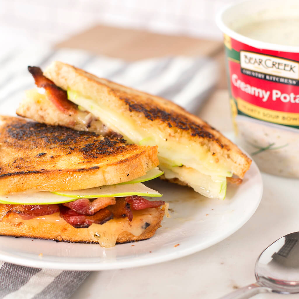 Hearty Soup Bowl with Apple, Bacon and Cheddar Grilled Cheese Recipe
