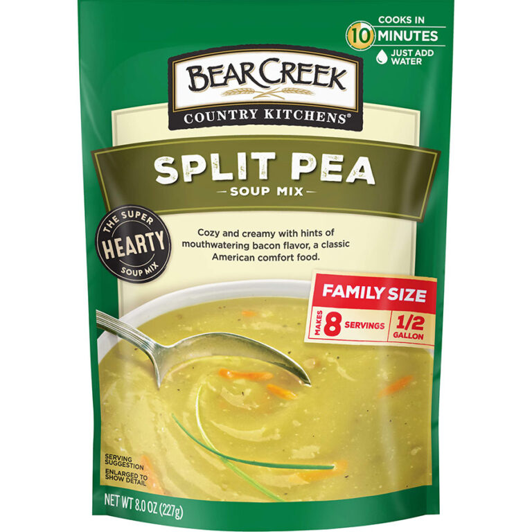 Bear Creek Country Kitchens Split Pea Soup Mix package, quick prep, bacon flavor.